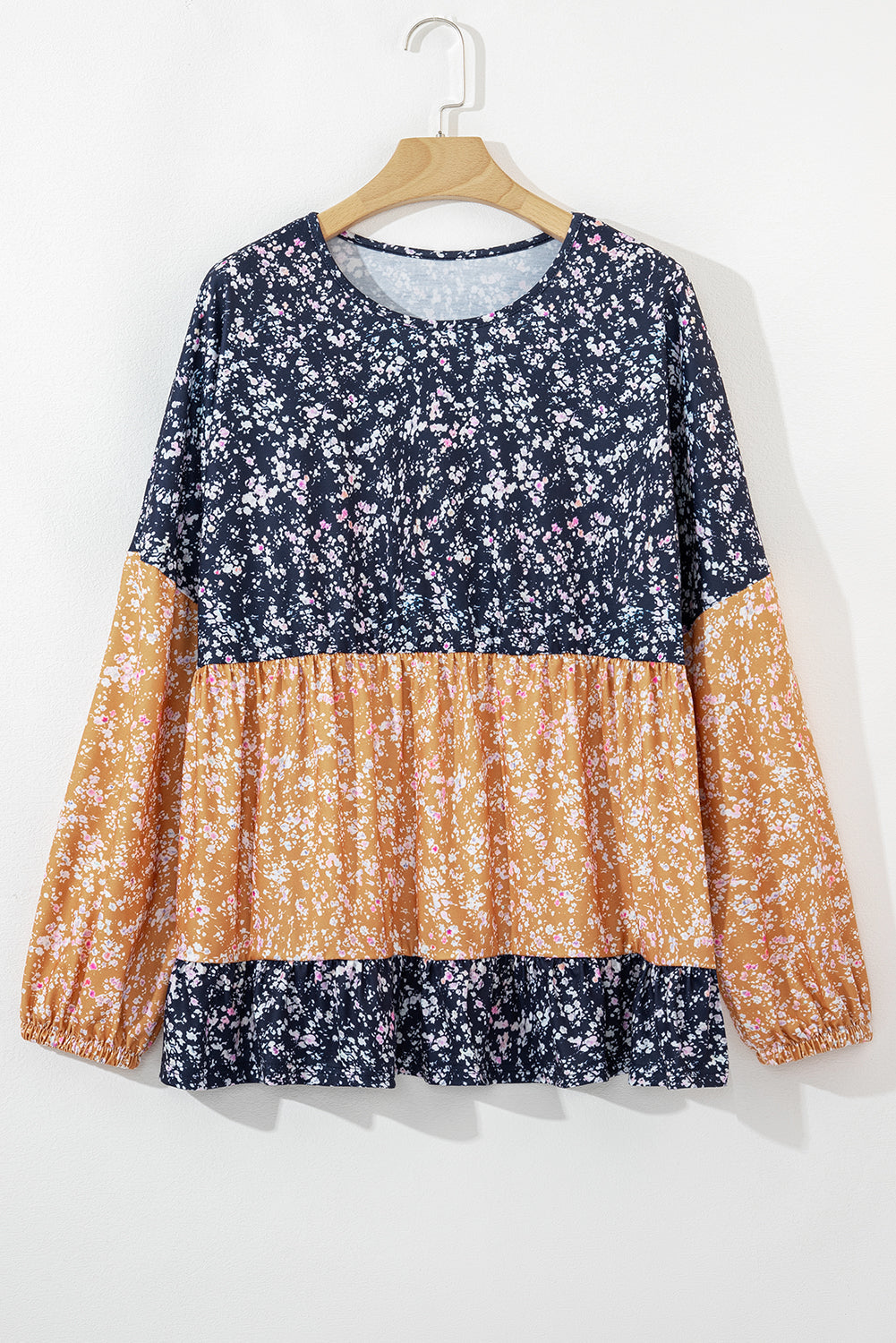 Blue Floral Colour Block Patchwork Ruffled Hem Round Neck Blouse eAura