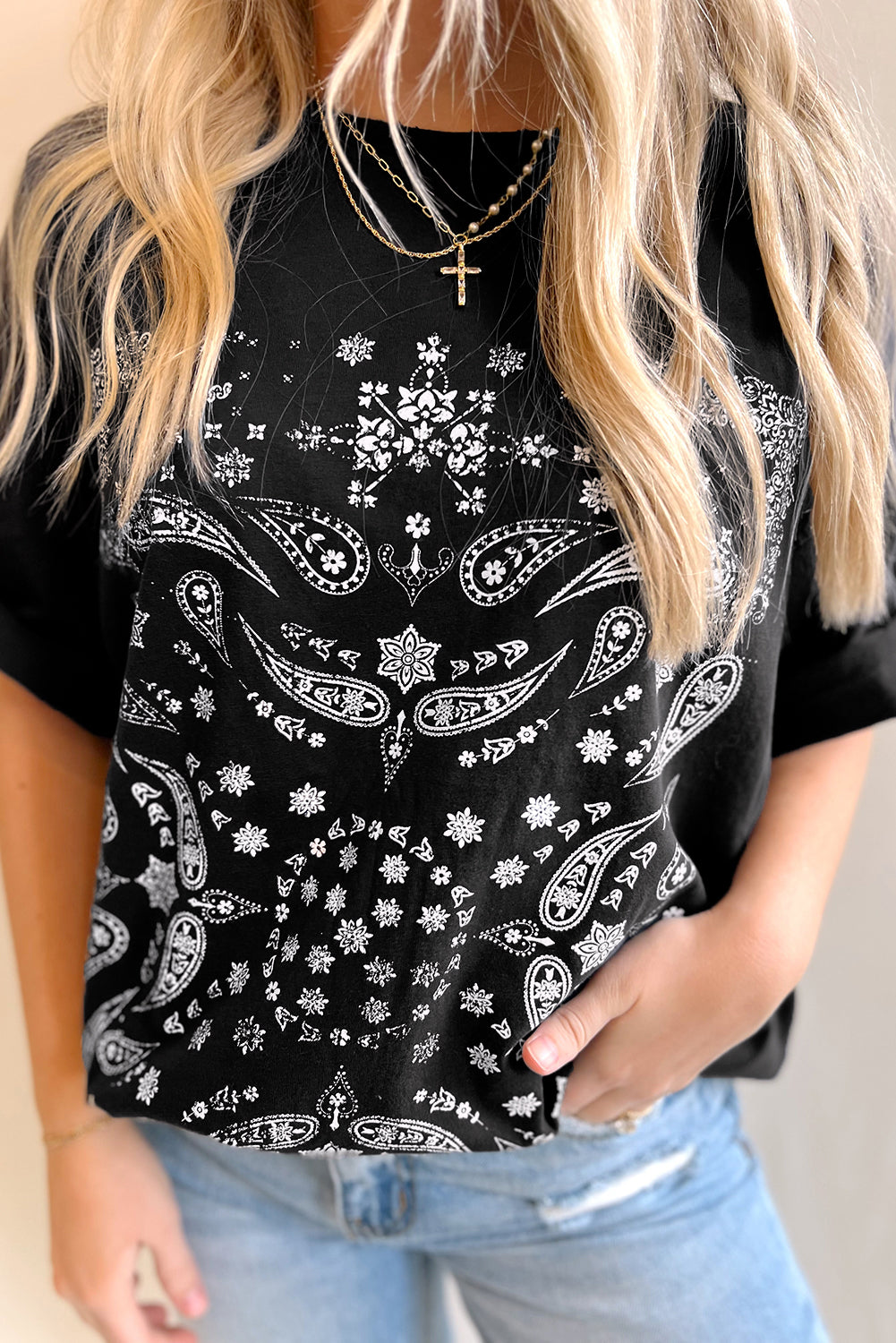 Black Paisley Print Crew Neck Loose Fit Tunic Tee eAura