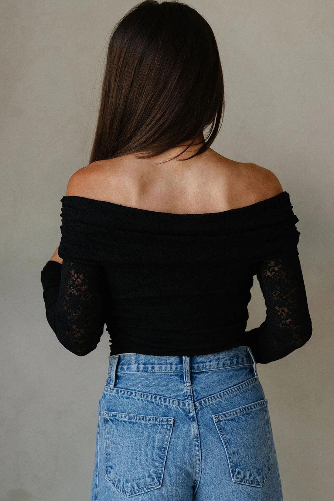 Black Floral Lace Off-shoulder Long Sleeve Slim Top