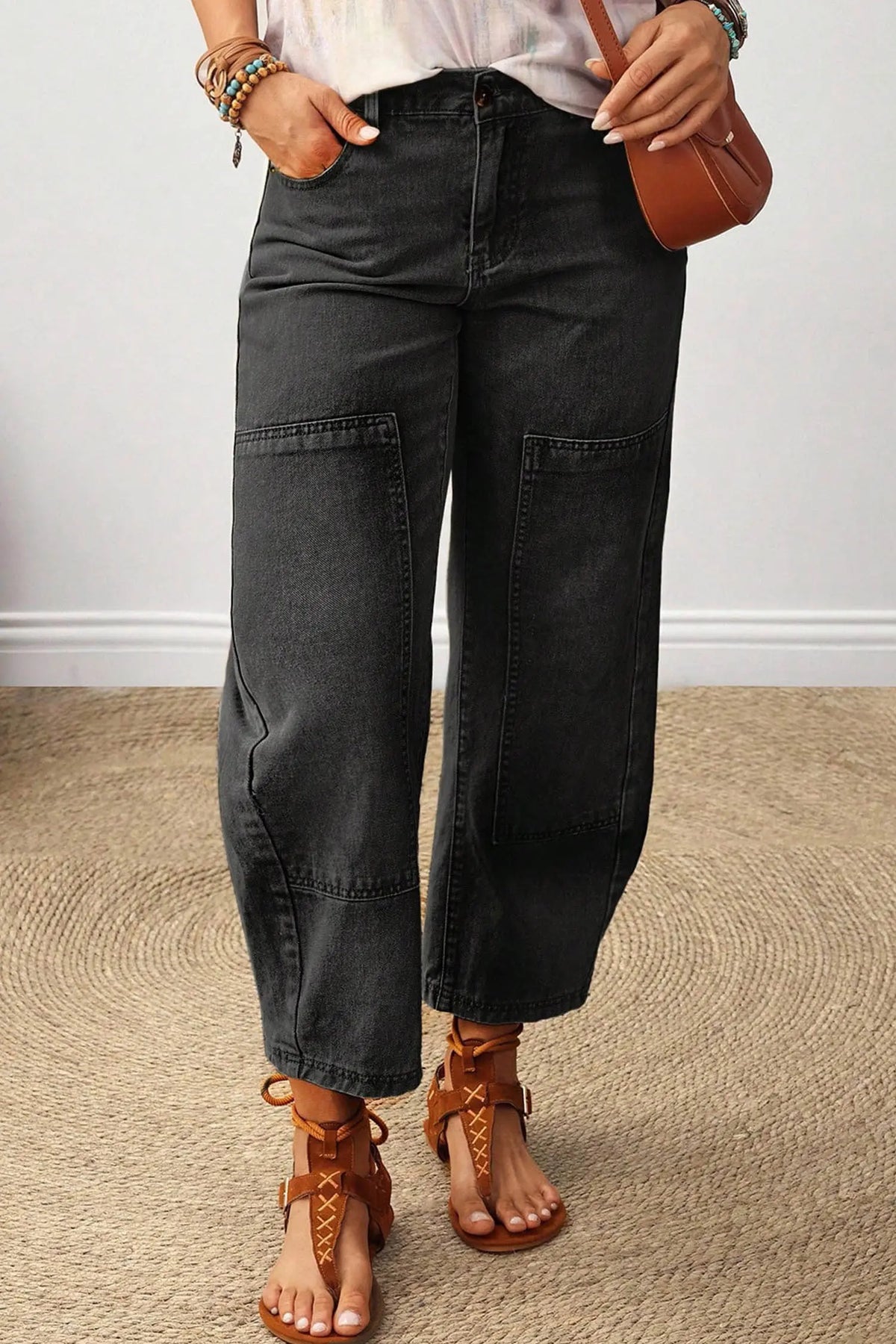 Decorative Seam Patchwork Detail Solid Colour Jeans