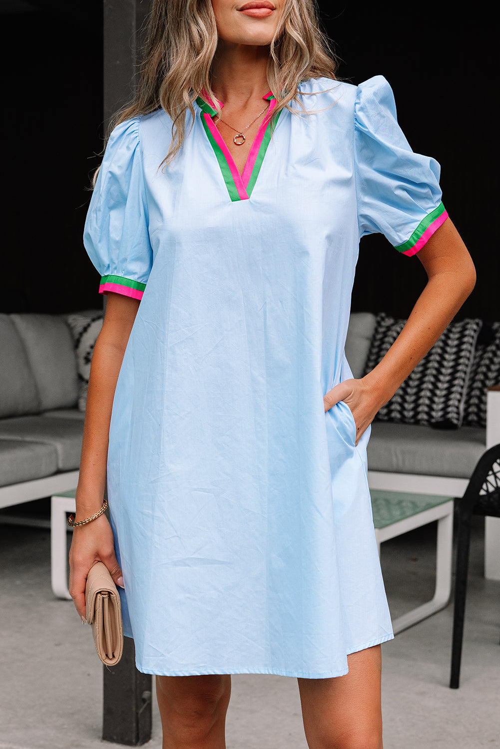 Myosotis Contrast Striped Notched V-Neck Puff Sleeve Mini Dress eAura