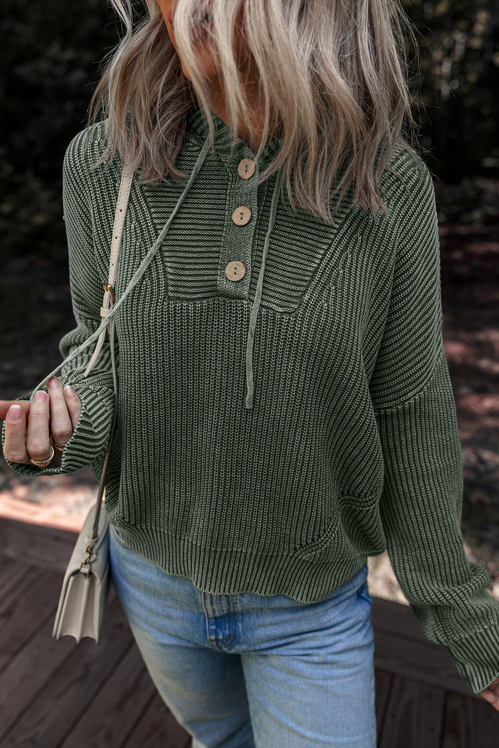 Mineral Wash Ribbed Button Drawstring Neck Hooded Sweater - eAura