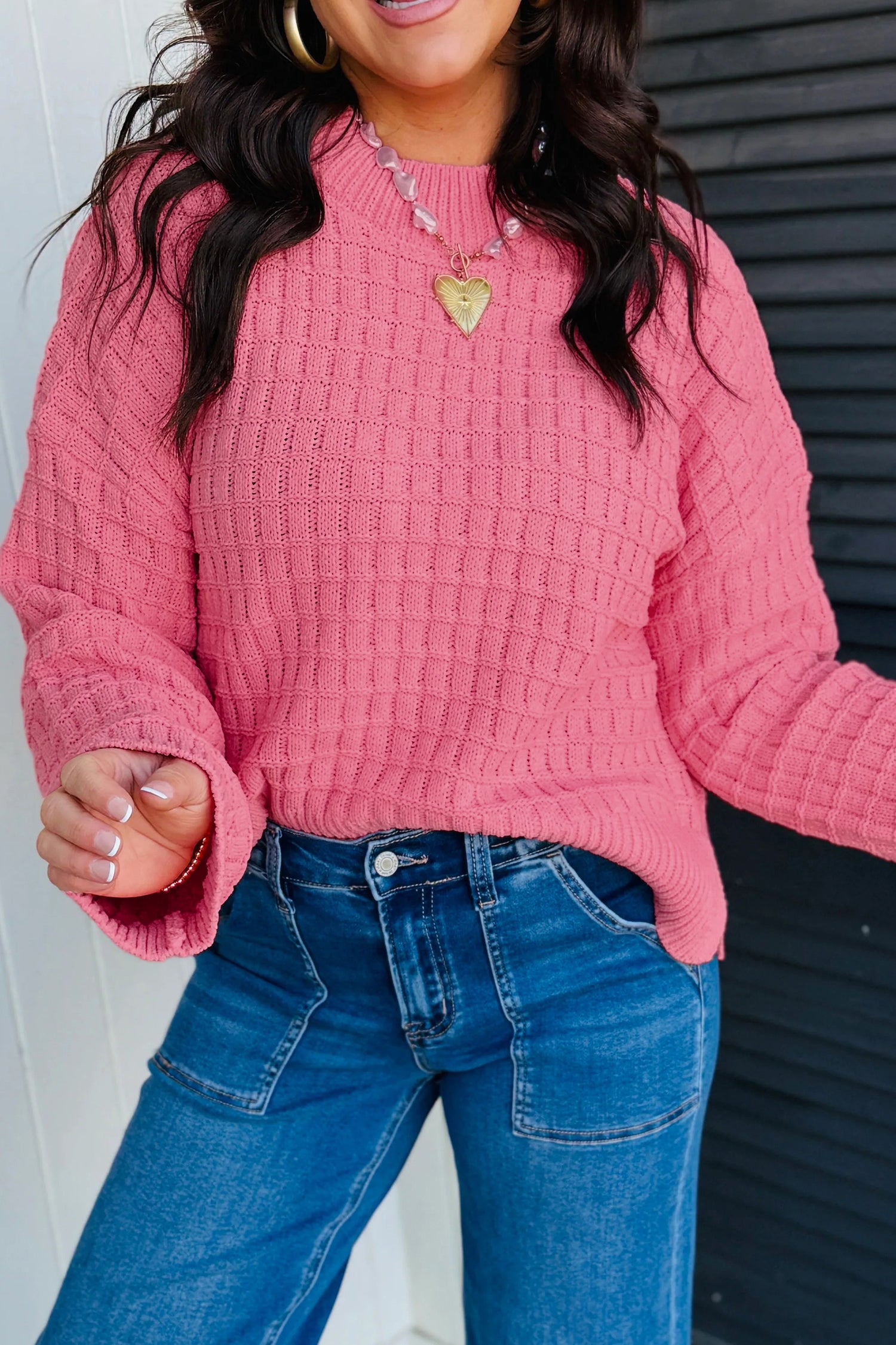 Drop Shoulder Long Sleeve Knit Regular Fit Sweater – Peach Blossom