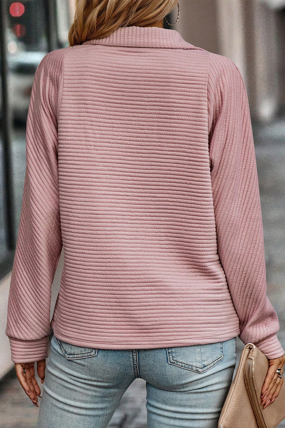 Peach Blossom Ribbed Texture Quarter Zip Sweatshirt eAura