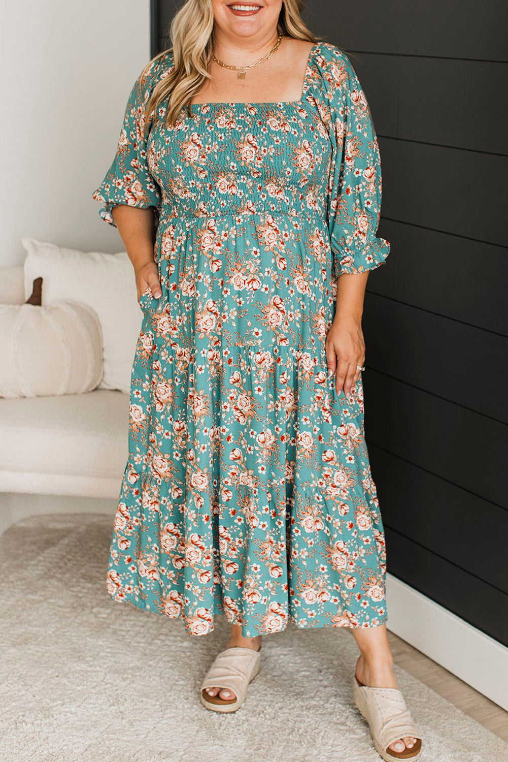 Green Plus Size Floral Print Square Neck Smocked Maxi Dress BB Fashion Outlet