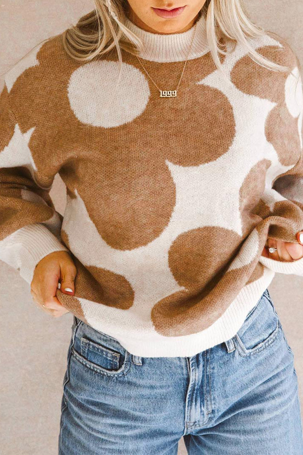 Khaki Big Flower Pattern Drop Shoulder Sweater eAura