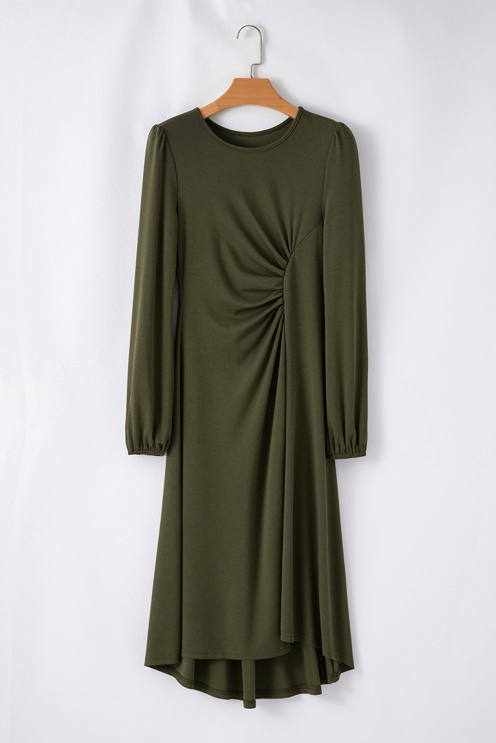Solid Color Ruched Detail Long Sleeve Midi Dress – Jungle Green