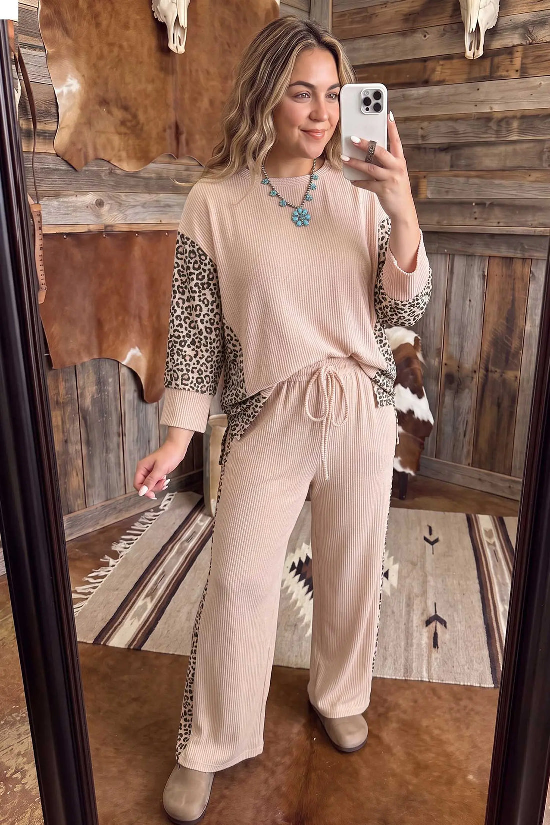 Leopard Print Ribbed Twist Long Sleeve Top & Pants Plus Size Set