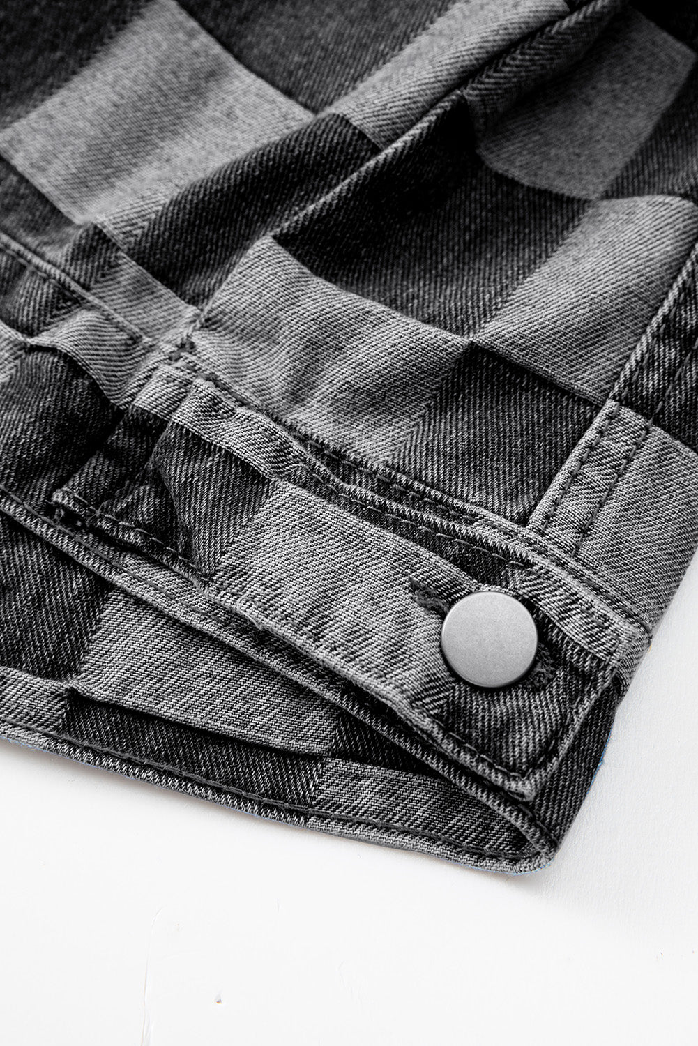Light Blue Checkered Patchwork Button up Denim Jacket Beagle Boutique Fashion Outlet