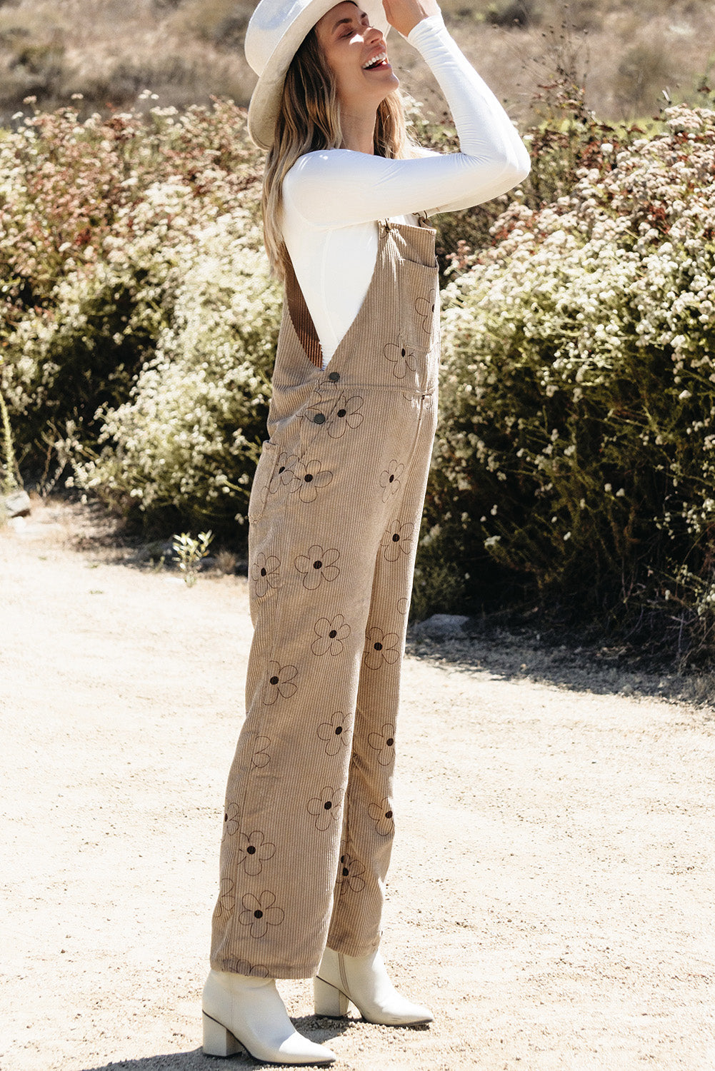 Khaki Flower Print Corduroy Overalls eAura