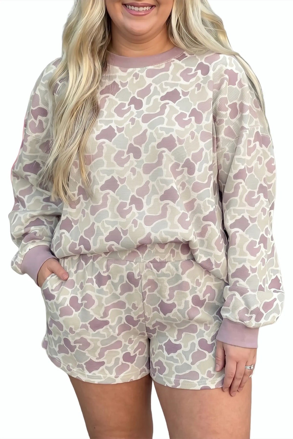 Camouflage Print Waffle Textured Pullover and Shorts Plus Size 2pcs Set – Green