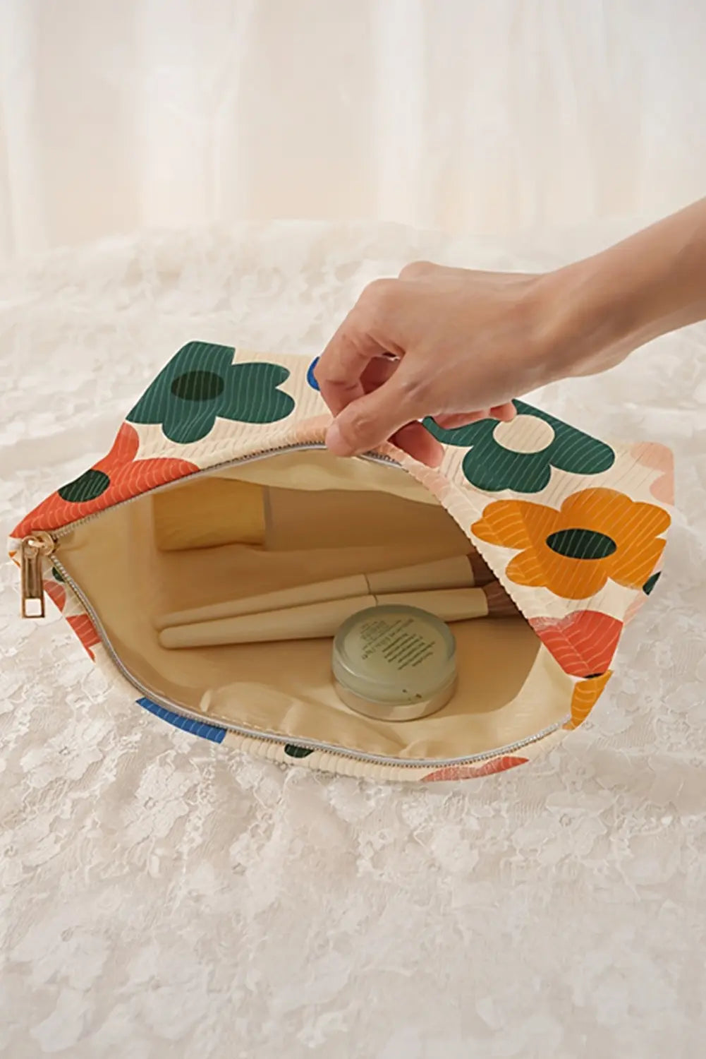 White Floral Print Corduroy Minimalist Storage Bag