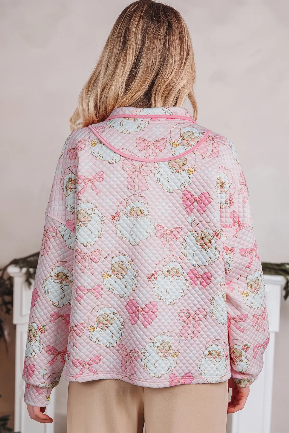 Long Sleeve Sweatshirt with Zip-Up Collar and Christmas Print