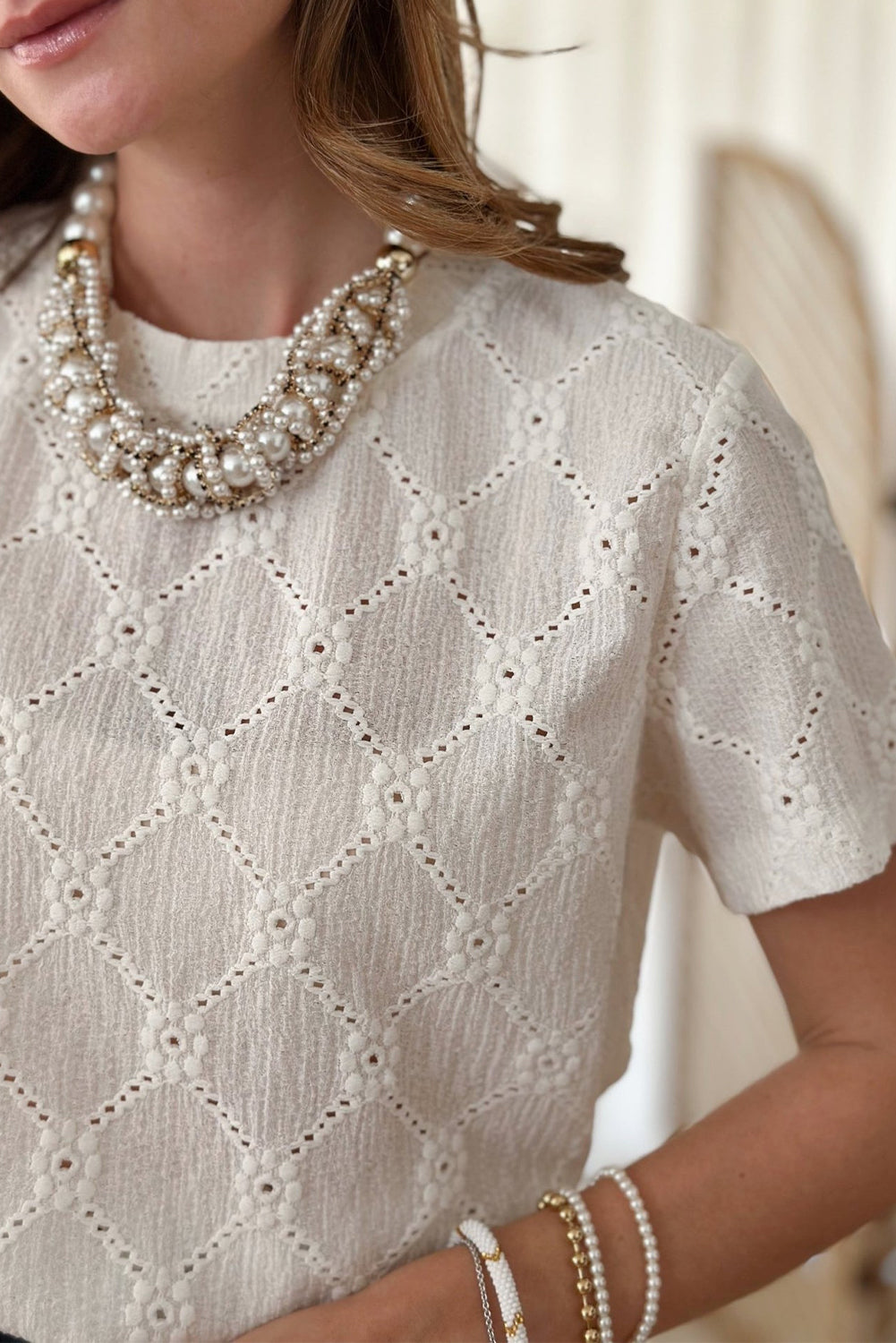 White Geometric Embroidered Slim Fit O Neck T Shirt eAura