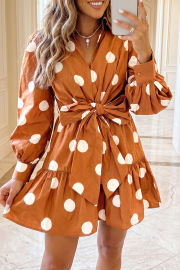 Polka Dot Long Sleeve Tie Waist Casual Shift Mini Dress – Brown