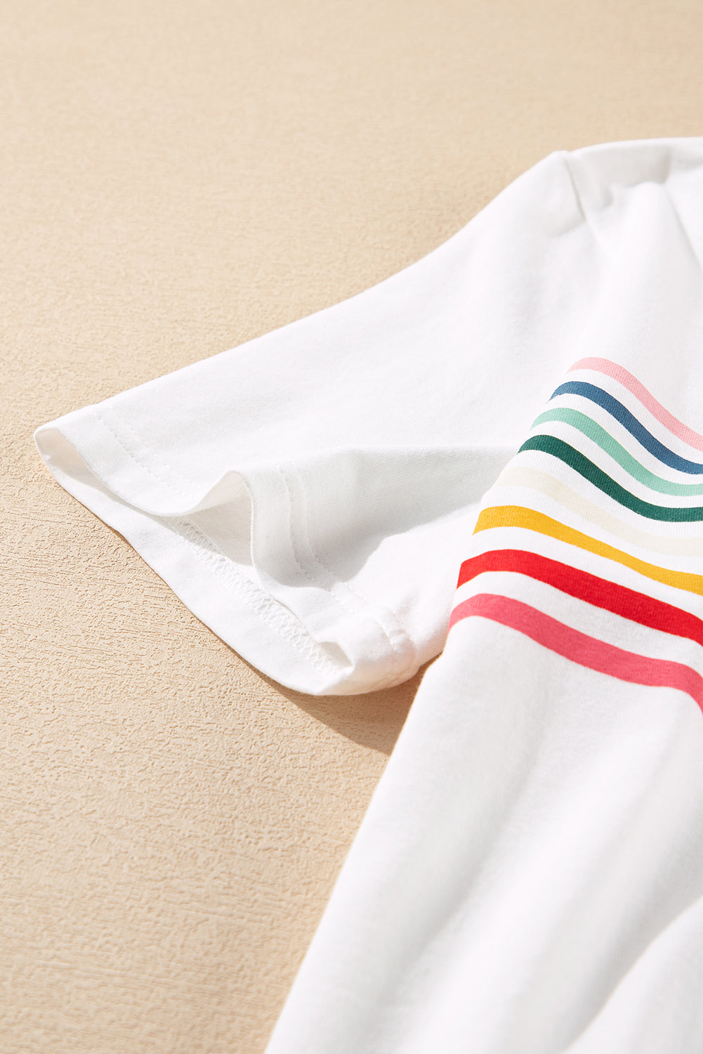 White Rainbow Stripe Print Contrast Crewneck T Shirt eAura