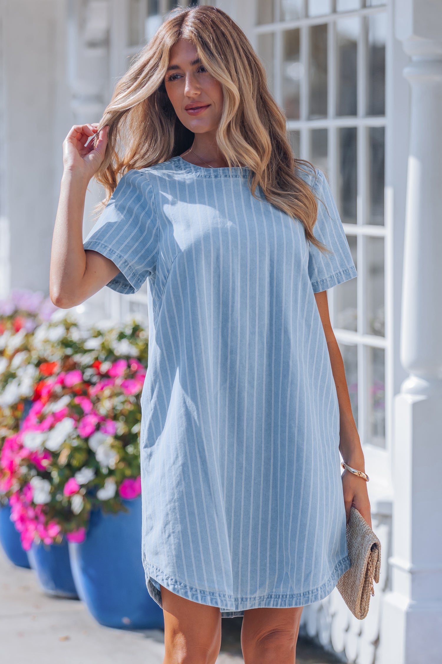 Stripe Buttoned Back T-Shirt Denim Mini Dress
