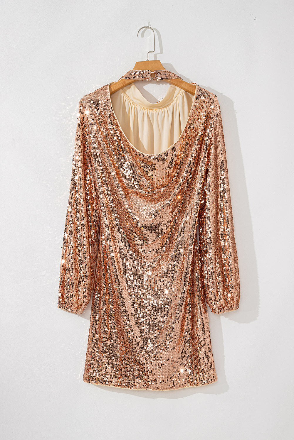 Gold Sequined Long Sleeve Cutout Back Mini Dress eAura