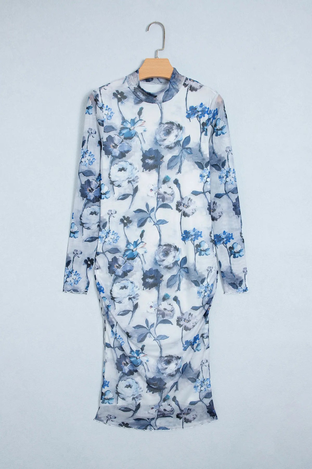 Sky Blue Floral Print Sheath Elegant Long Sleeve Dress – Light Blue