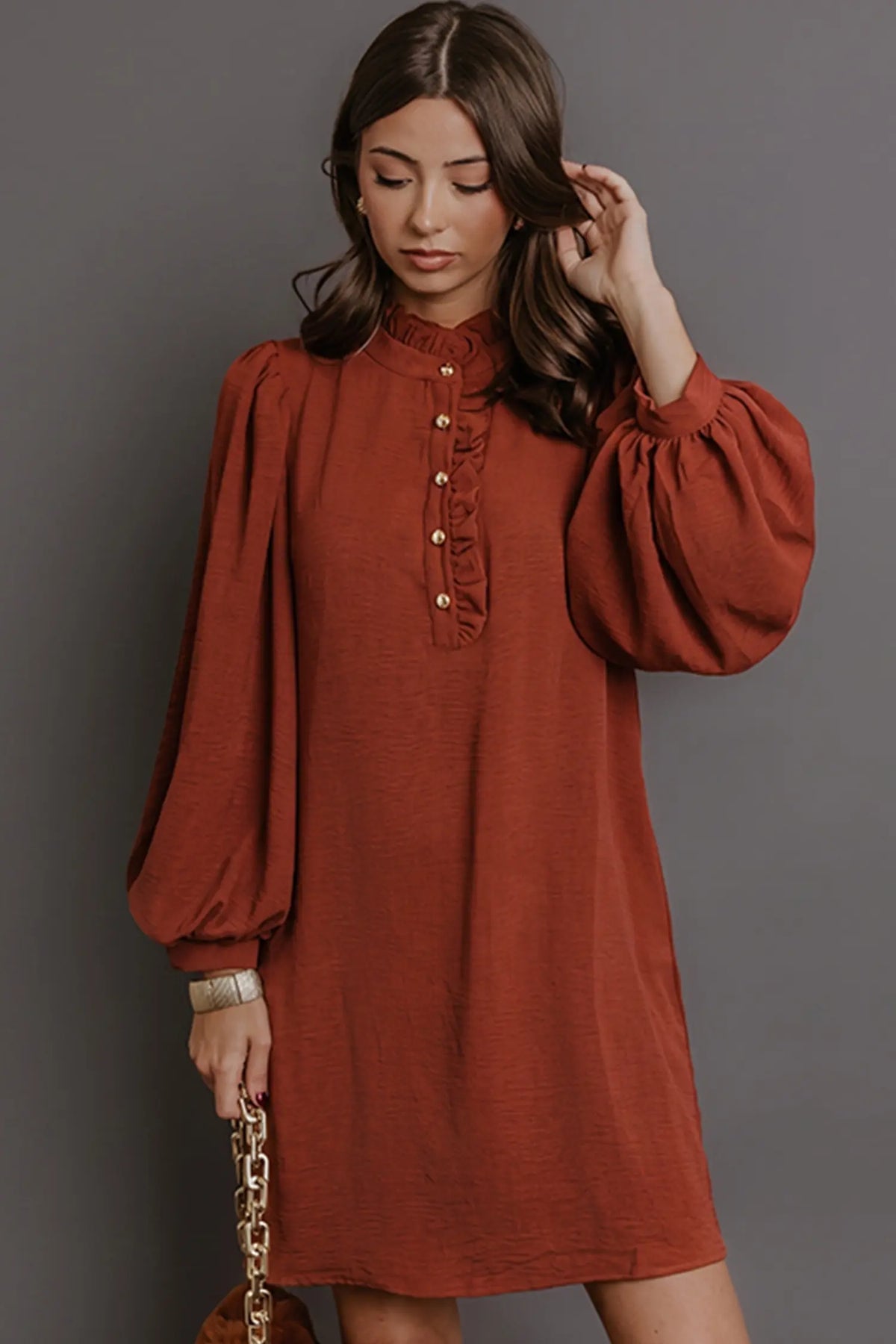 Coffee Solid Shift Long Sleeve Short Length One Piece Dress – Brown