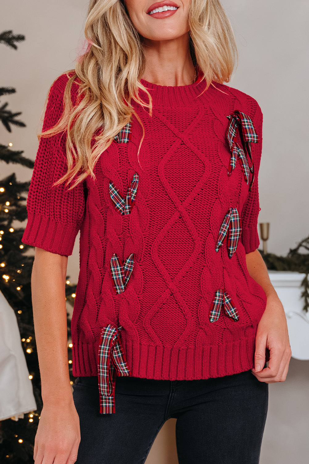 Plaid Lace up Detail Christmas Holiday Puff Short Sleeve Sweater - eAura