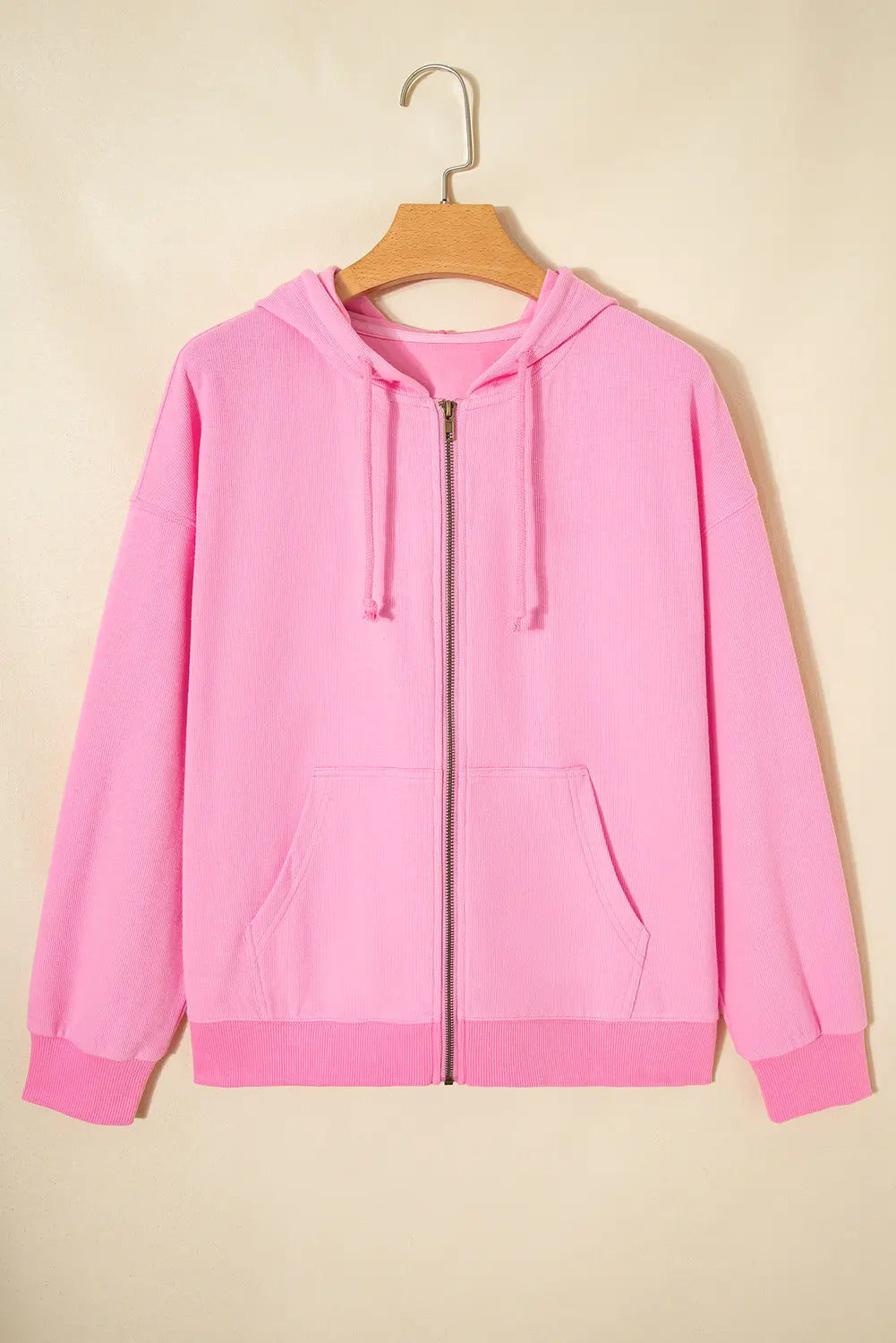 Solid Colour Ribbed Zip Up Drawstring Hooded Jacket – Sachet Pink