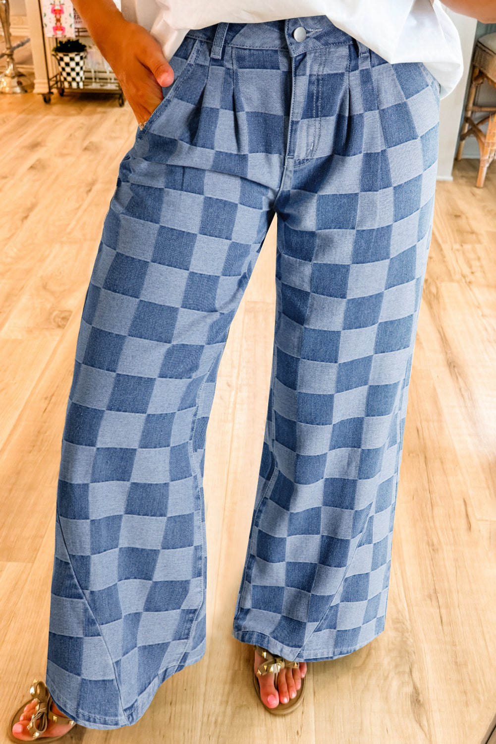 Dark Grey Checkered Denim Wide Leg Jeans eAura