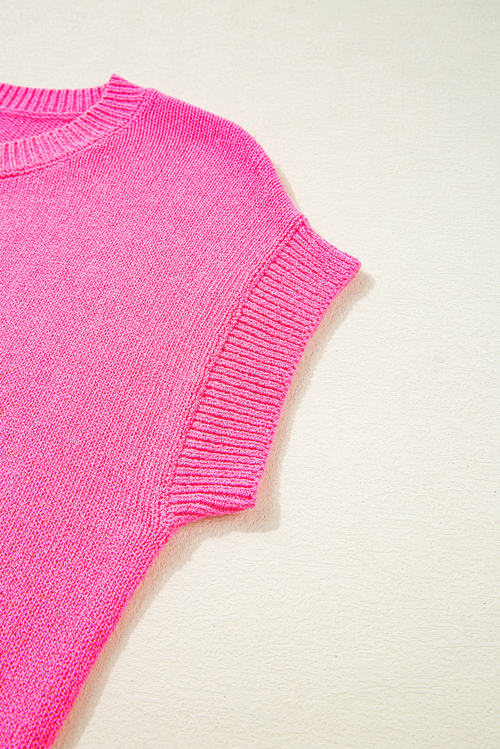 Bright Pink Distressed Hem Short Sleeve Knitted Button Front Sweater eAura