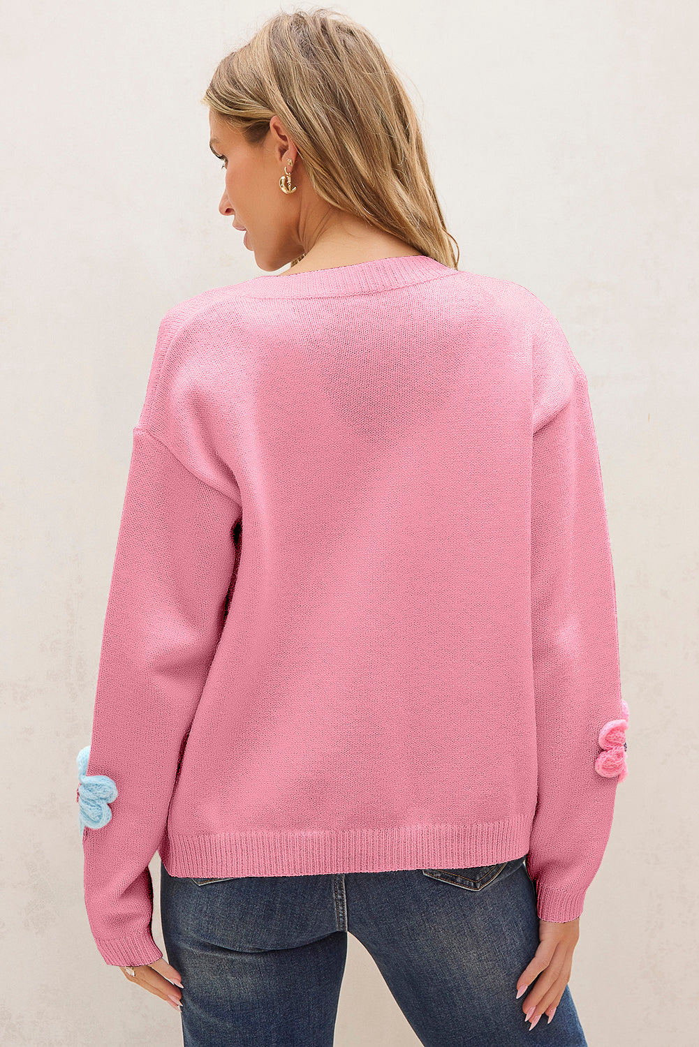 Pink Cute Knitted Floral Pattern Button Up Cardigan eAura