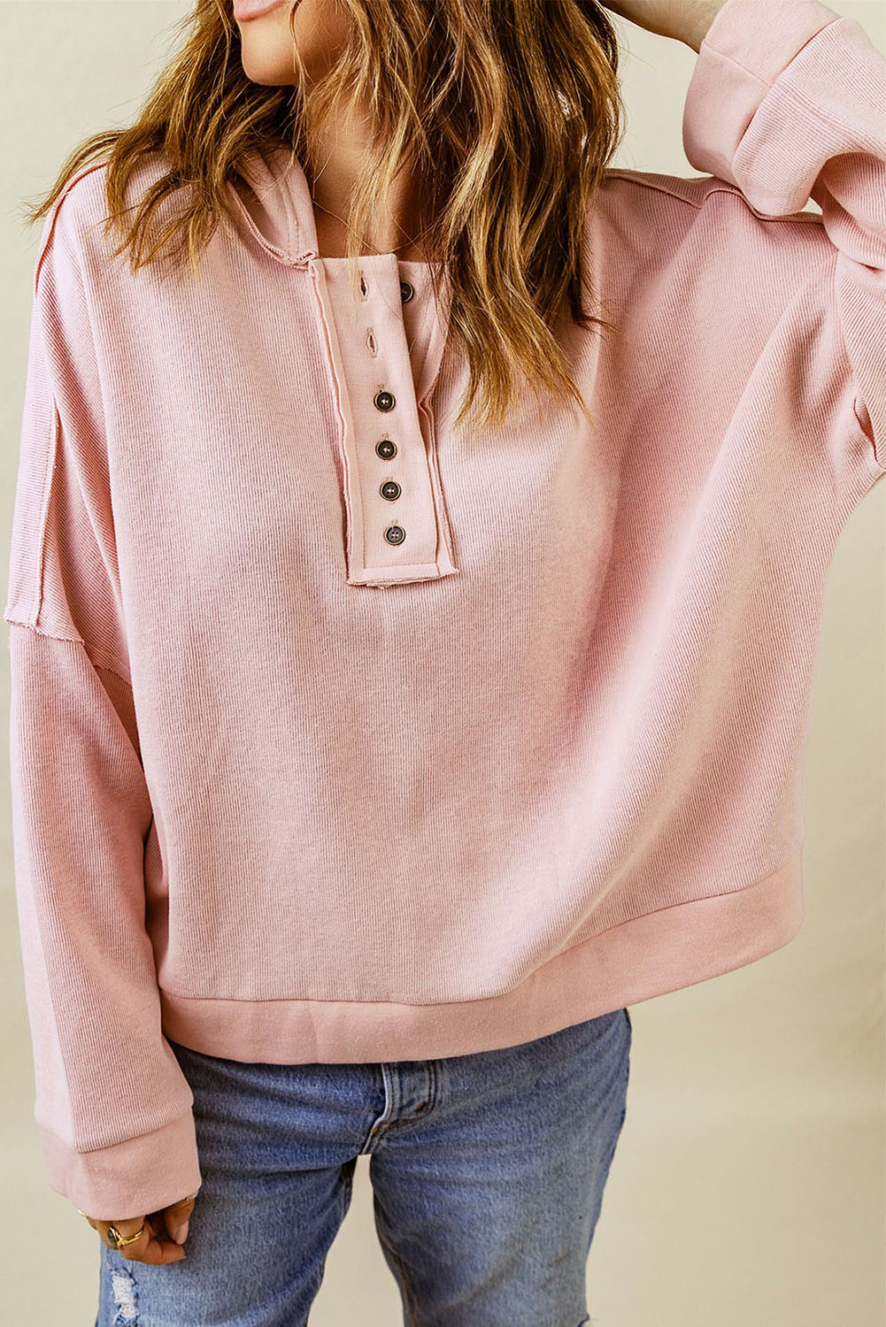 Pink Casual Button Solid Patchwork Trim Hoodie eAura