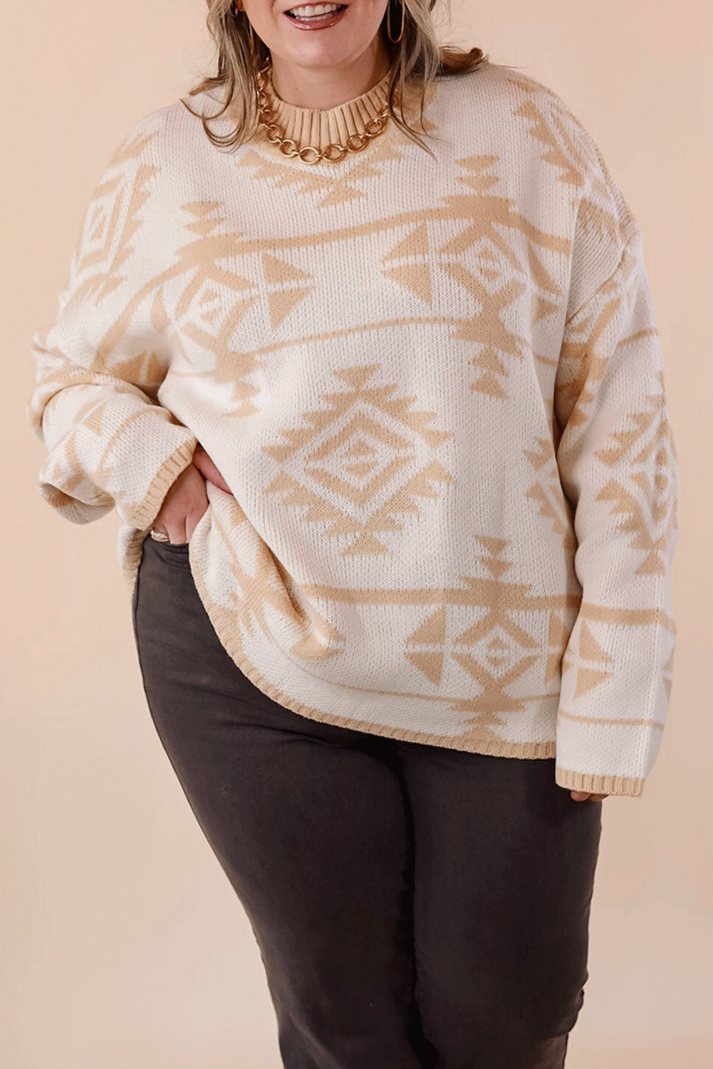 Apricot Plus Size Western Aztec Print Loose Sweater Beagle Boutique Fashion Outlet