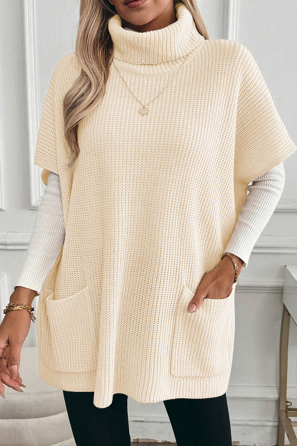 Plain Knit Casual Turtleneck Short Sleeve Tunic Sweater with Pockets - eAura