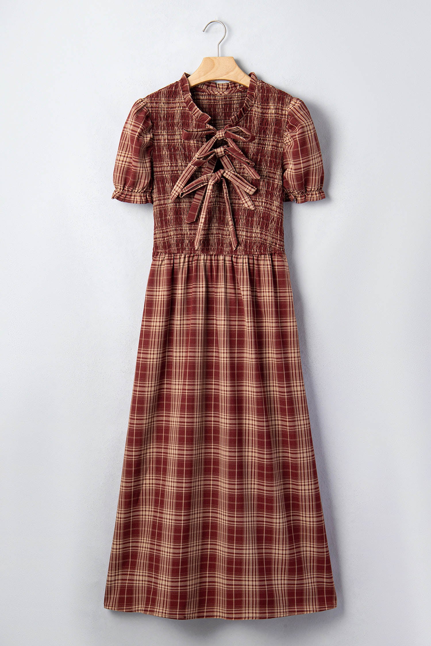 Vintage Plaid Knot Front Smocked High Waist Midi Dress – Red