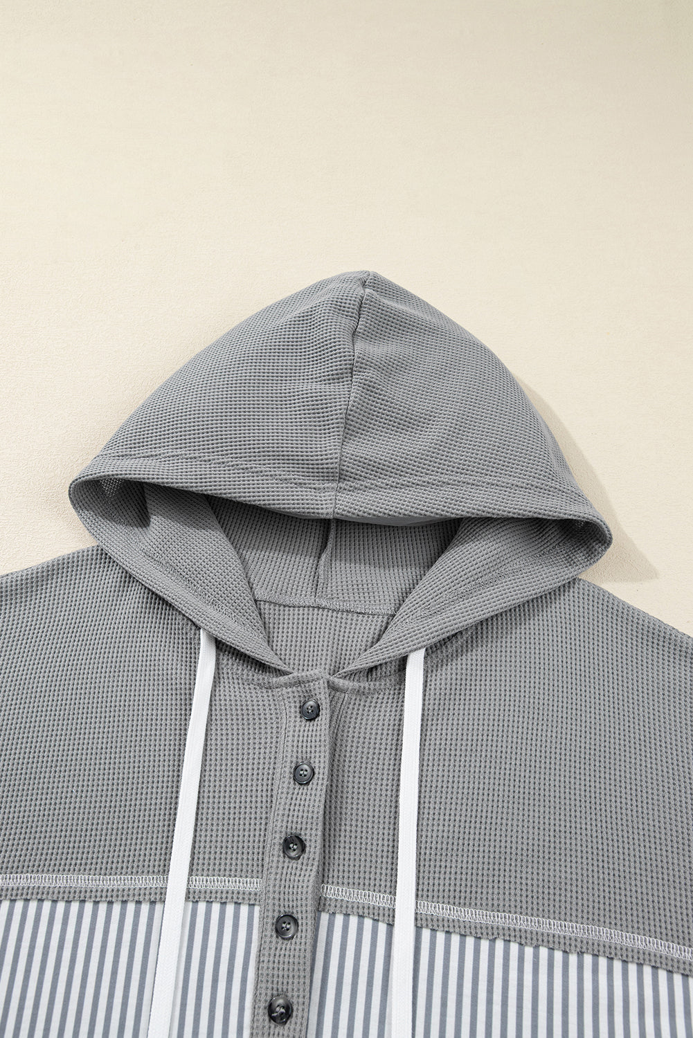 Grey Mixed Pattern Waffle Knit Patchwork Half Buttons Plus Hooded Top eAura
