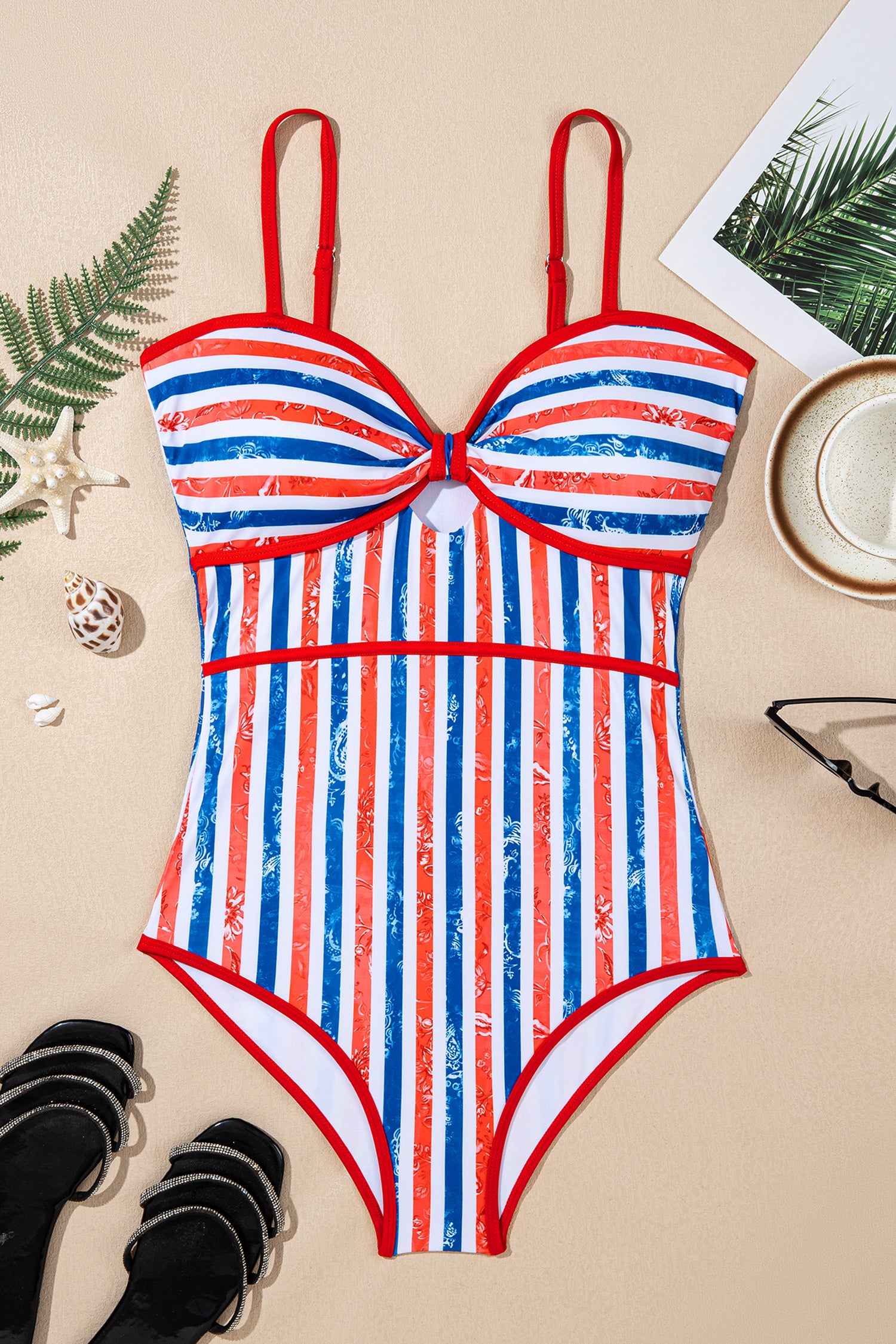 Stars & Stripes Floral Cutout Spaghetti Strap One-Piece Swimsuit