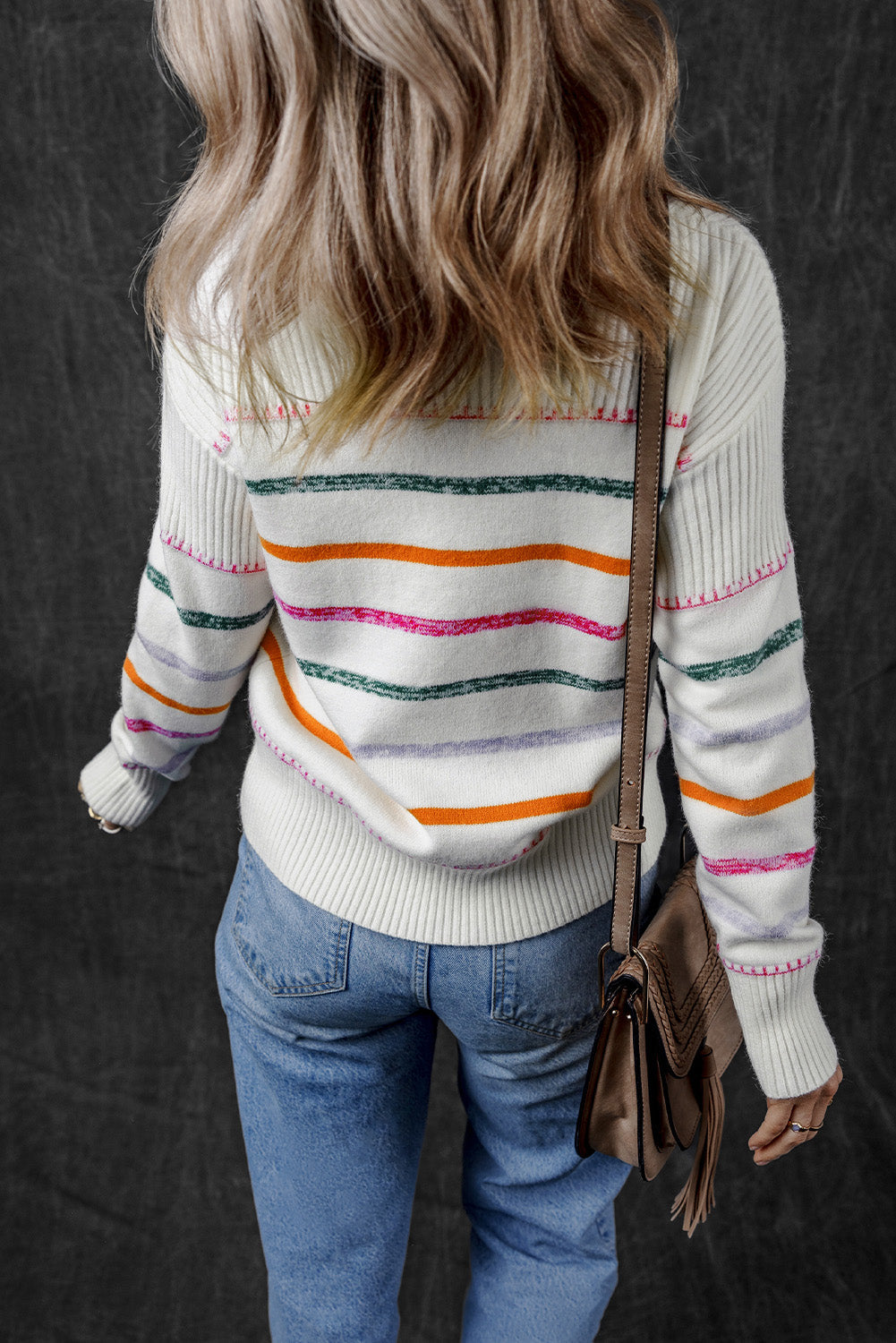 White Colourful Striped Ribbed Trim Sweater eAura
