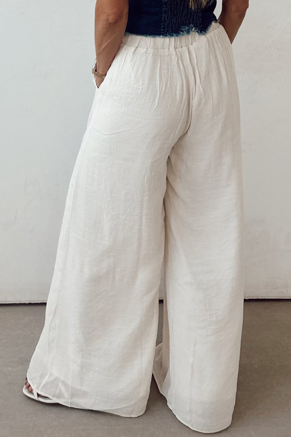 White Casual Tie Waist Pleated Wide Leg Pants BB Fashion Outlet