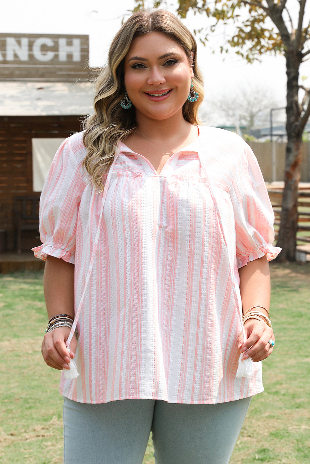 Pink Stripe Plus Size Tassel Tie Frilled Detail Short Sleeve Blouse BB Fashion Outlet