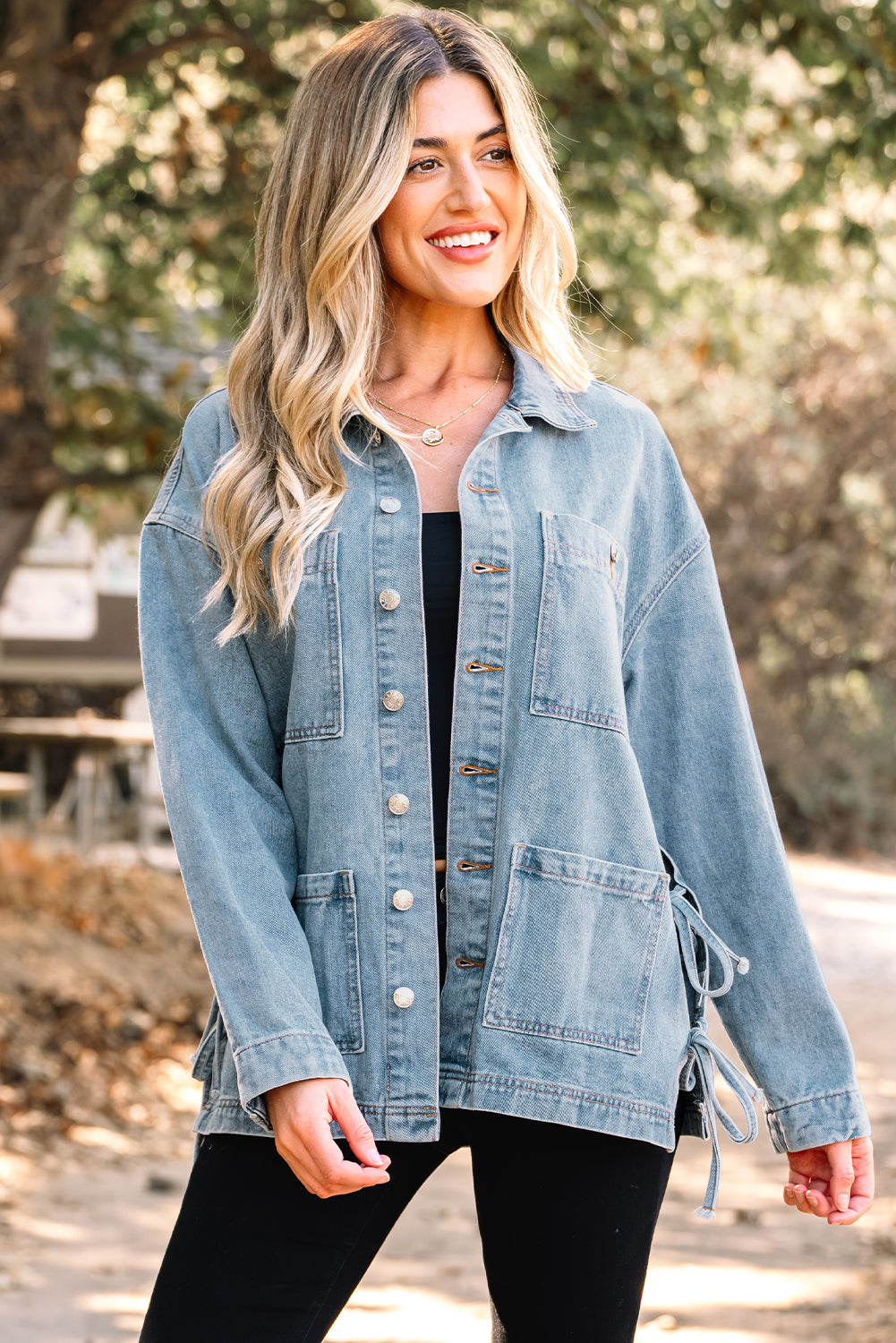 Beau Blue Multi Patched Pockets Side Tie up Boyfriend Style Denim Jacket - eAura