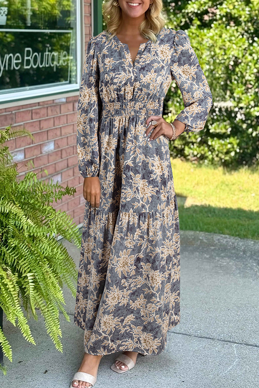 Floral Print Smocked High Waist Long Sleeve Maxi Dress
