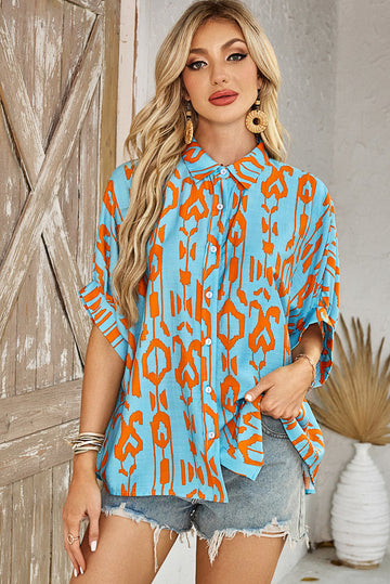 Sky Blue Abstract Print Dolman Short Sleeve Western Loose Shirt eAura