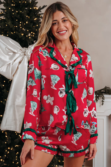 Red Christmas Contrast Ruffle Trim Ribbon Bow Knot Pyjamas - eAura