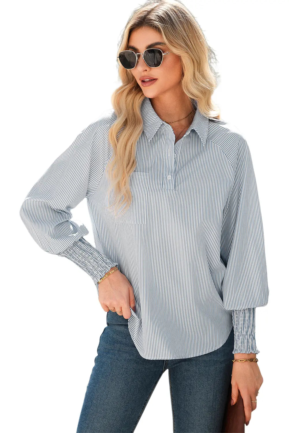Pinstripe Long Sleeve Smocked Cuffs Button Shirt Collar Blouse – Sky Blue Stripe