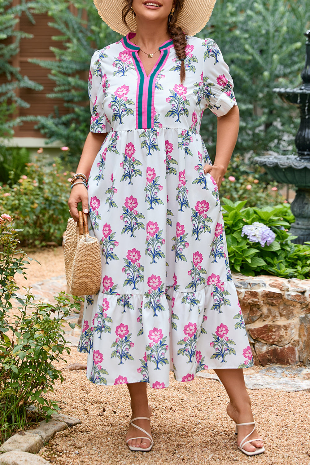Print Contrast Split Neckline Short Puff Sleeve Curvy Dress BB Fashion Outlet