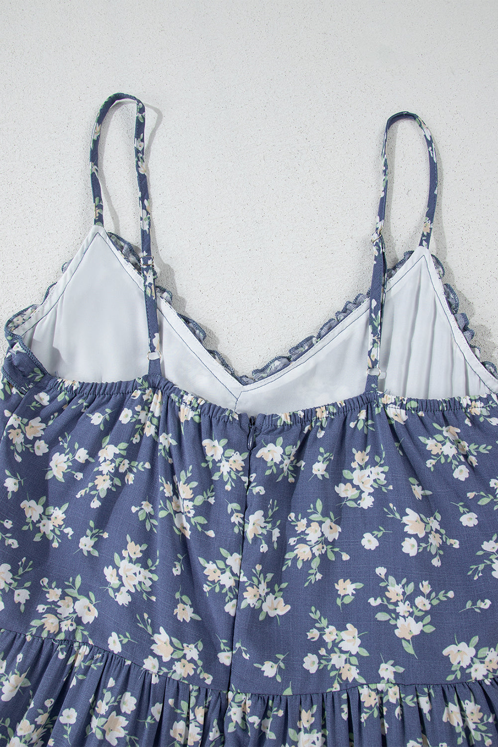 Blue Floral Spaghetti Strap Frilled V Neck Tiered Midi Dress eAura