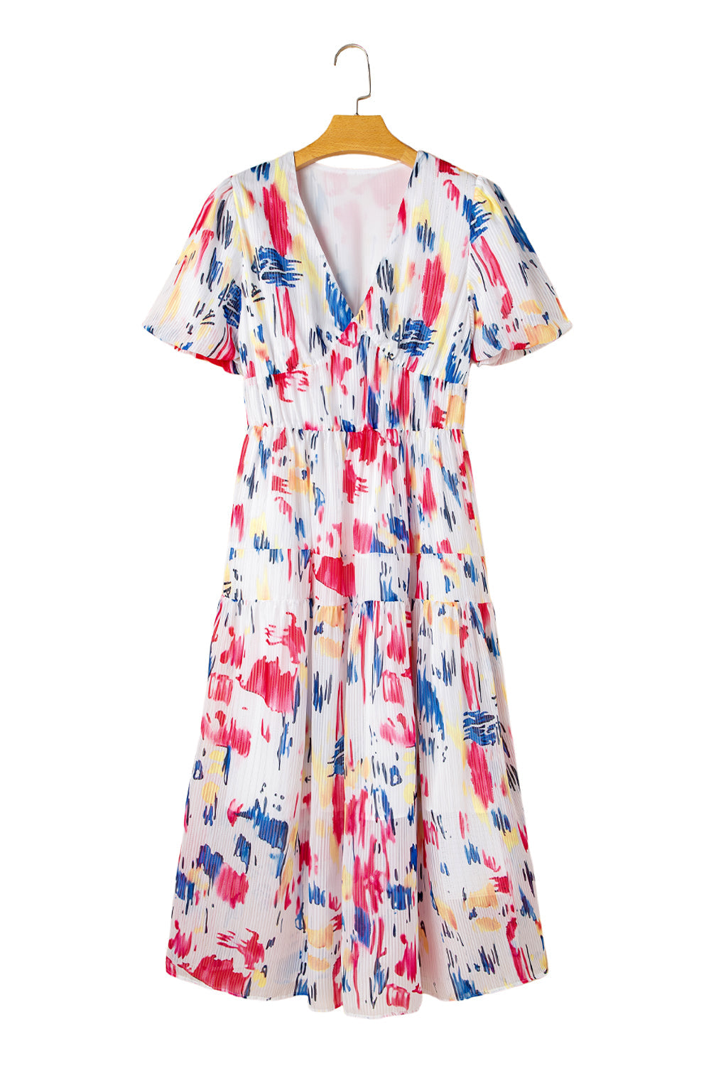 Rose Abstract Print Short Puff Sleeve Tiered Maxi Dress eAura