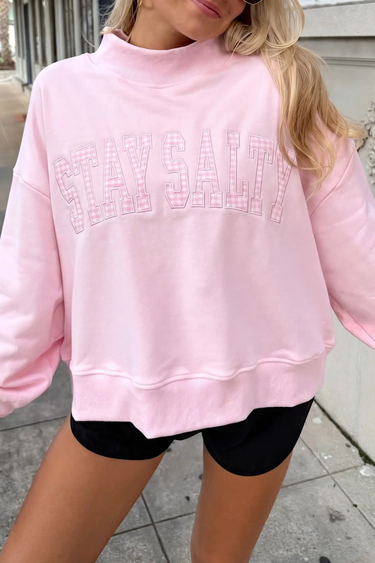 Stay Salty Embroidered Long Sleeve Stand Neck Shift Pullover Sweatshirt – Pink