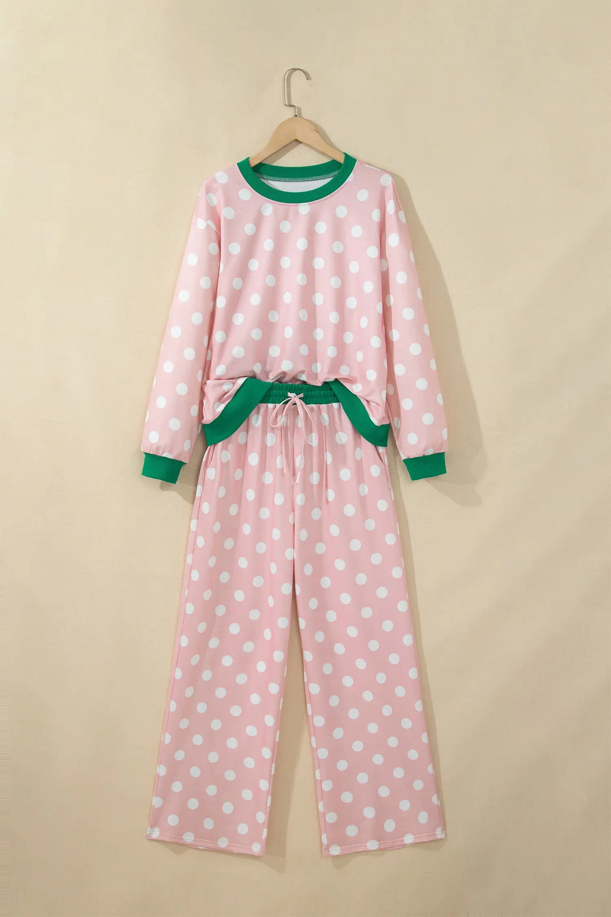 Polka Dot Contrast Trim Long Sleeve Top Drawstring Shift Pants Set – Pink