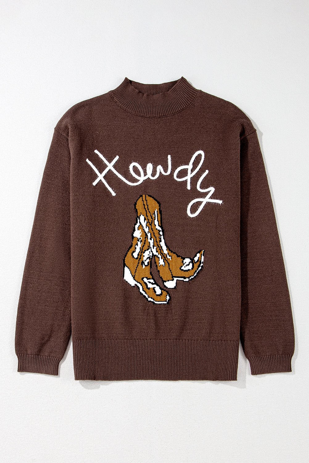 Coffee Western Howdy Boot Graphic High Neck Sweater Beagle Boutique Fashion Outlet