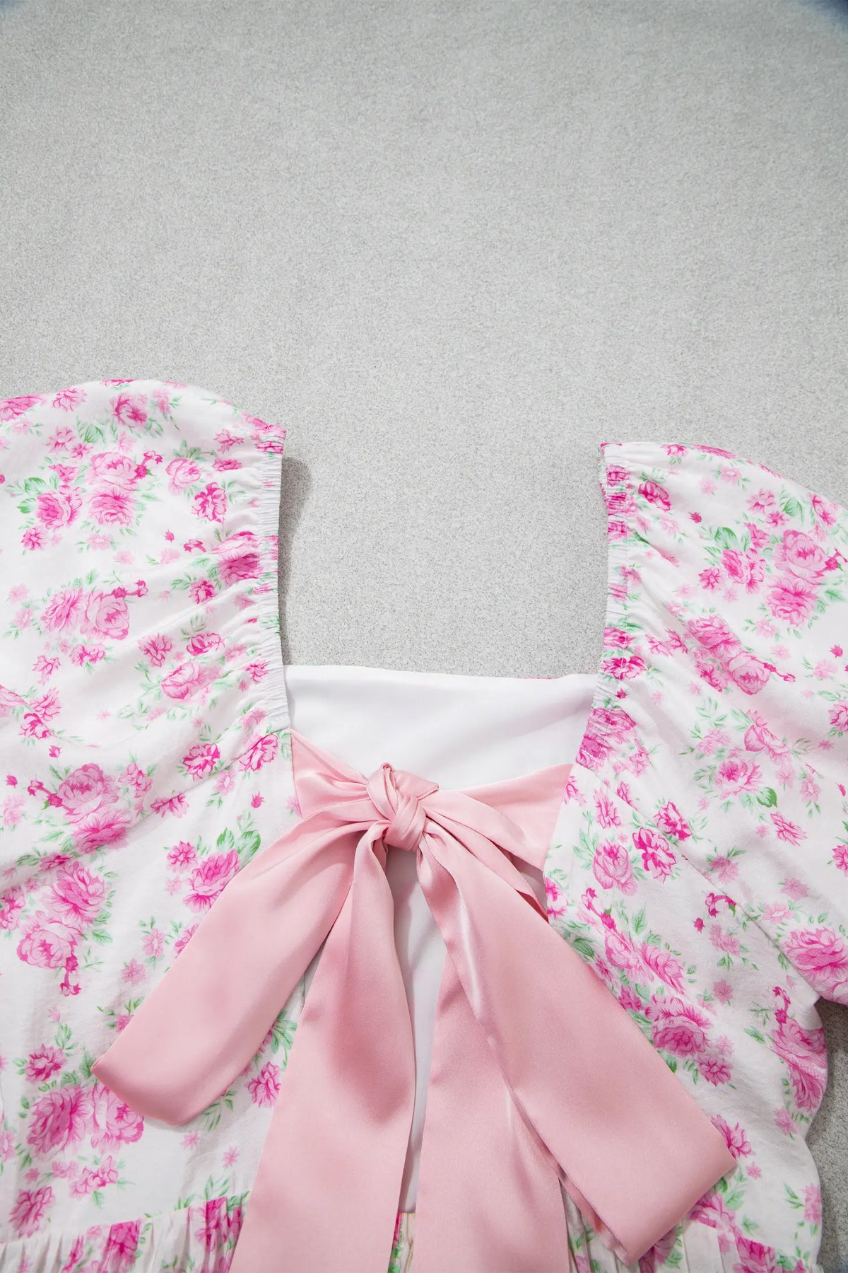 Floral Print Square Neck Ribbon Knot Back Cute Mini Dress – Pink